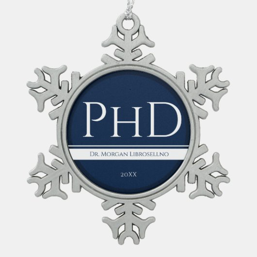 Afstuderen Blue White Name Year PhD Tin Sneeuwvlok Ornament (Voorkant)