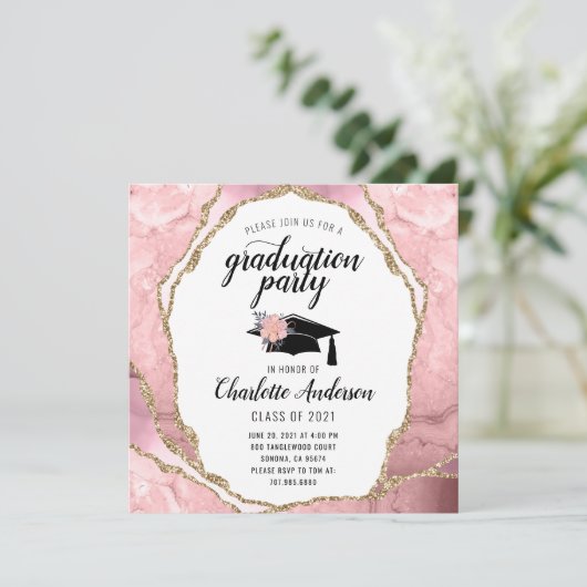 Afstuderen Blush Roze Agate Gold Glitter Kaart (Staand voorkant)