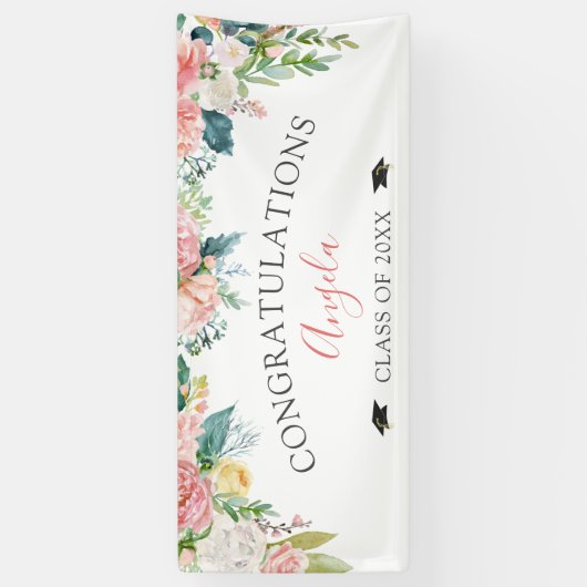 Afstuderen Blush Roze Bloemen Script gepersonalise Spandoek (Verticaal)