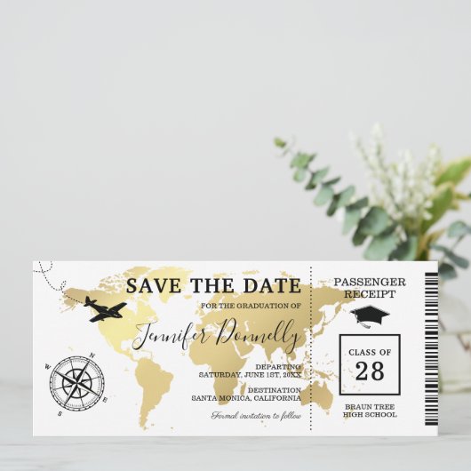 Afstuderen Boarding Pass Wereldkaart Save The Date (Staand voorkant)