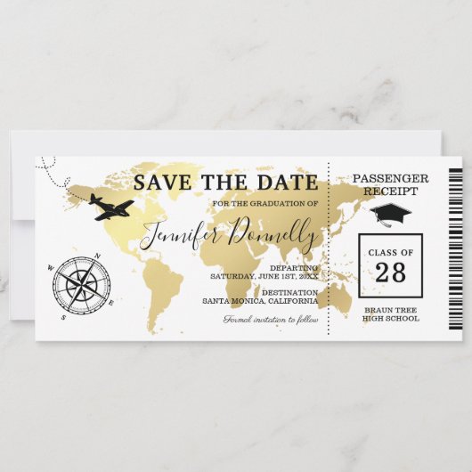 Afstuderen Boarding Pass Wereldkaart Save The Date (Voorkant)