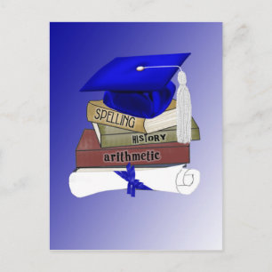Afstuderen Boeken Pet en Diploma, blauw Aankondigingskaart