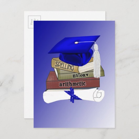 Afstuderen Boeken Pet en Diploma, blauw Aankondigingskaart (Voorkant / Achterkant)