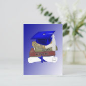 Afstuderen Boeken Pet en Diploma, blauw Aankondigingskaart (Staand voorkant)