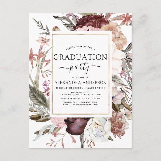 afstuderen Boho Dusty Pink Burgundy Invitatio 2022 Briefkaart (Voorkant)