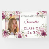 Afstuderen Bourgogne en roze bloemen Spandoek (Horizontaal)