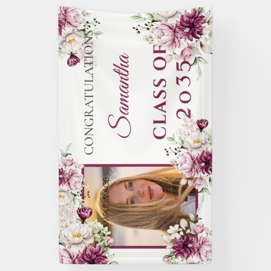 Afstuderen Bourgogne en roze bloemen Spandoek (Verticaal)