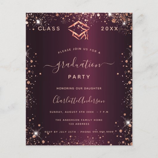 Afstuderen Bourgogne Glitter Budget Uitnodiging Flyer (Voorkant)