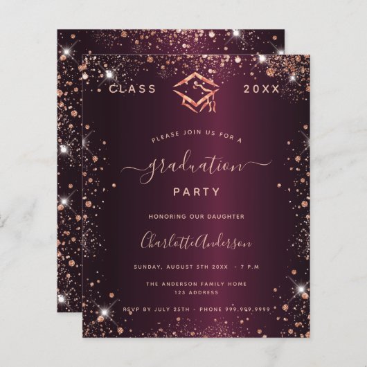 Afstuderen Bourgogne roos gouden uitnodiging (Voorkant / Achterkant)