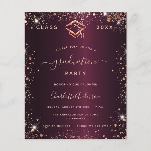 Afstuderen Bourgogne roos gouden uitnodiging (Voorkant)