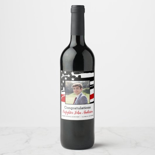 Afstuderen brandweerfotodun rode lijn wijn etiket (Voorkant)