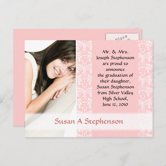 Afstuderen Briefkaart,  Roze en Wit Aankondigingskaart (Voorkant / Achterkant)