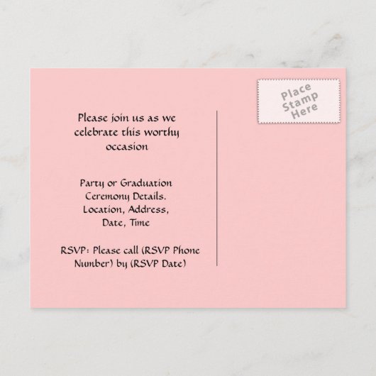 Afstuderen Briefkaart,  Roze en Wit Aankondigingskaart (Achterkant)