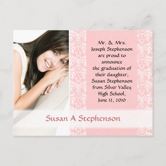 Afstuderen Briefkaart, Roze en Wit Aankondigingskaart (Voorkant)