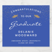 Afstuderen Bright Blue White Script Gold Pet Sparkling Wijnetiket (Enkel label)