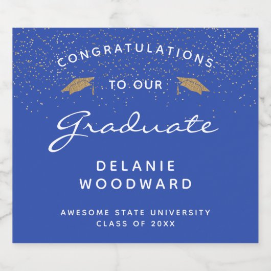 Afstuderen Bright Blue White Script Gold Pet Sparkling Wijnetiket (Enkel label)