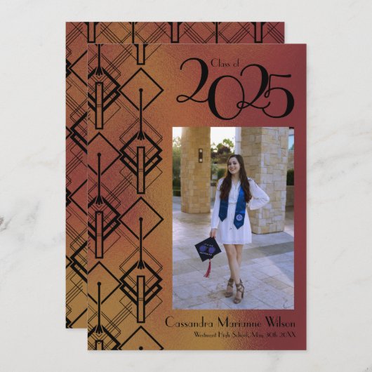 Afstuderen Bronze Art Deco Black kondiging Kaart (Voorkant / Achterkant)