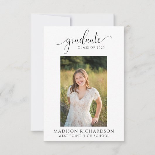 Afstuderen budgetzwart/wit script foto's kaart (Voorkant)