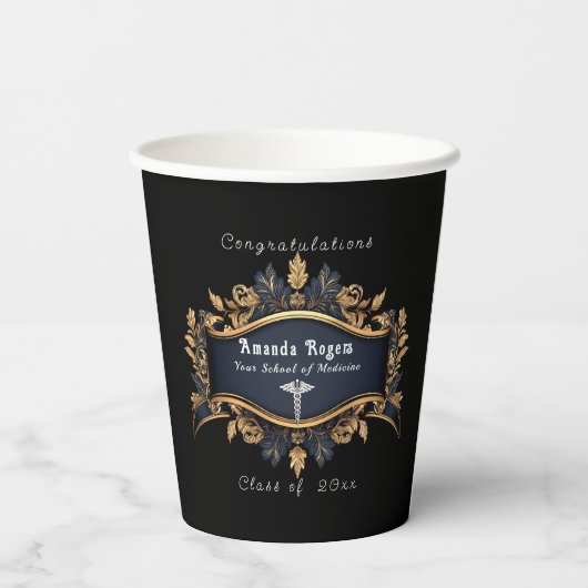Afstuderen Caduceus Elegant Zwart Goud Wit Papieren Bekers (Achterkant)