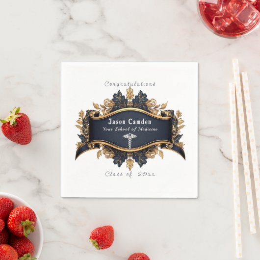 Afstuderen Caduceus Elegant Zwart Goud Wit Servet (Insitu)