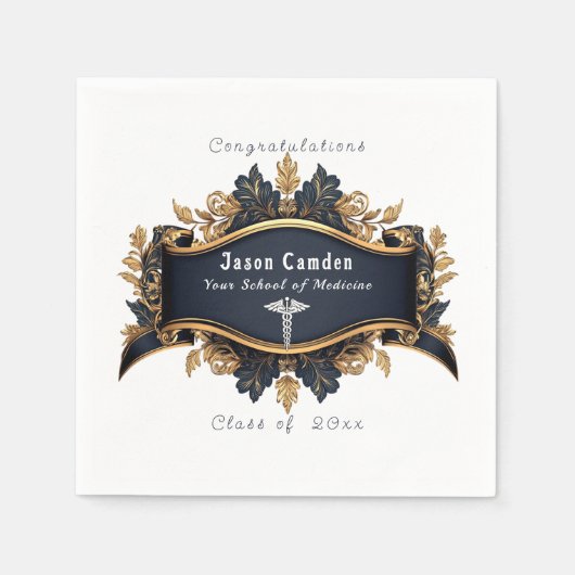 Afstuderen Caduceus Elegant Zwart Goud Wit Servet (Voorkant)