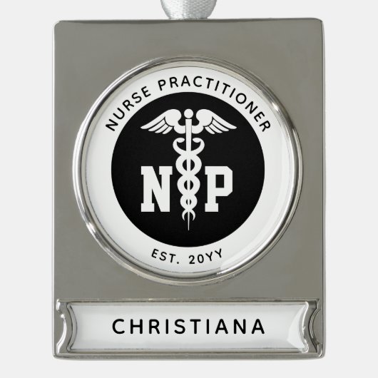 Afstuderen Caduceus, NP-verpleegkundige Verzilverd Banner Ornament (Voorkant)