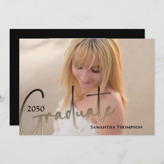 Afstuderen Calligrafie Black Gold Two Photo Kaart (Voorkant / Achterkant)