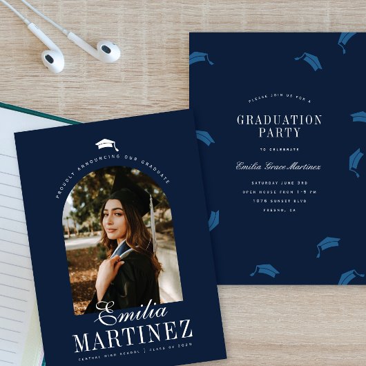 Afstuderen Cap Arch Foto Elegant Script Navy Afstu Aankondiging