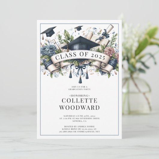 Afstuderen Cap Diploma Floral Banner Afstudeerder  Kaart (Staand voorkant)