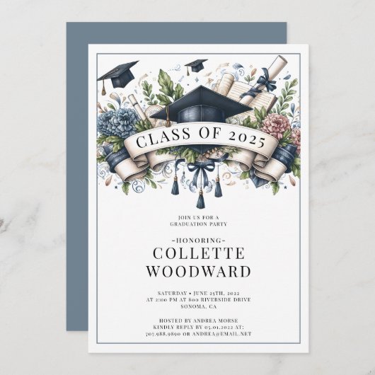 Afstuderen Cap Diploma Floral Banner Afstudeerder  Kaart (Voorkant / Achterkant)