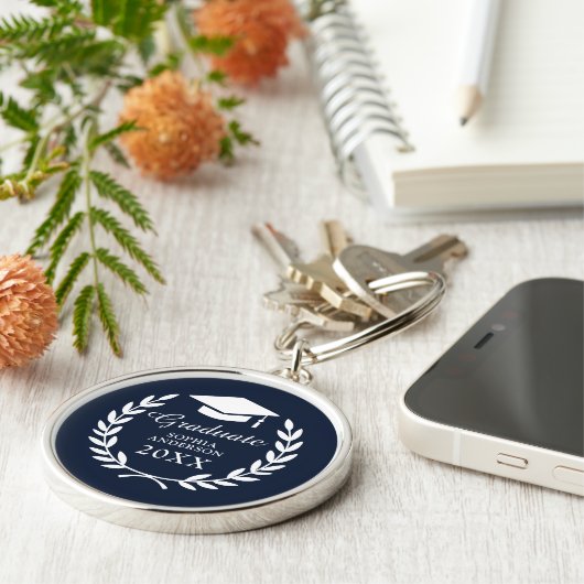 Afstuderen Cap & Tassel Navy Blue College Embleem Sleutelhanger (Zijkant)