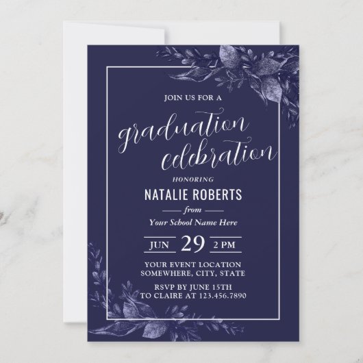 Afstuderen Celebration Elegant Navy Blue Botanical Kaart (Voorkant)