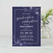 Afstuderen Celebration Elegant Navy Blue Botanical Kaart (Staand voorkant)