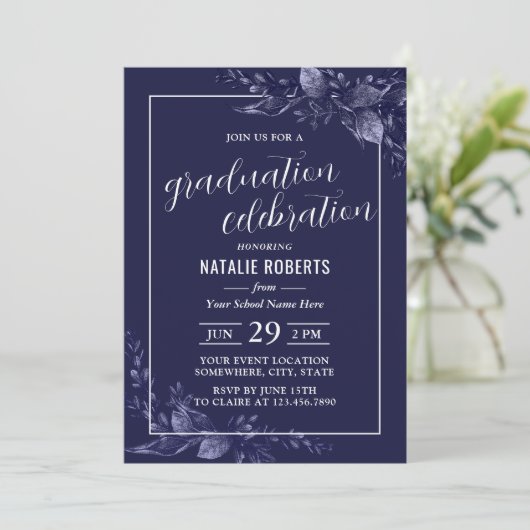 Afstuderen Celebration Elegant Navy Blue Botanical Kaart (Staand voorkant)