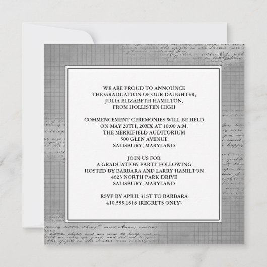 Afstuderen-ceremonie en partijaankondigingen kaart (Achterkant)