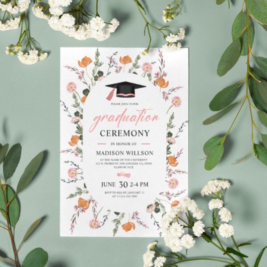 Afstuderen Ceremonie Wildflowers Roze Zwart Pet Kaart