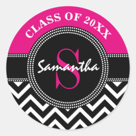 Afstuderen Chevron Monogram Hot Roze en Zwart Ronde Sticker