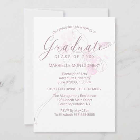 Afstuderen Chic Dusty Roos Script Floral Foto Aankondiging (Achterkant)