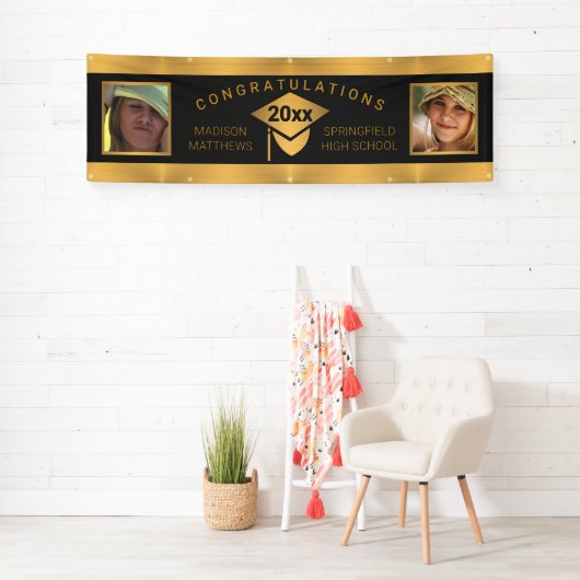 Afstuderen Chic Gold Gefeliciteerd Foto Spandoek (Insitu)