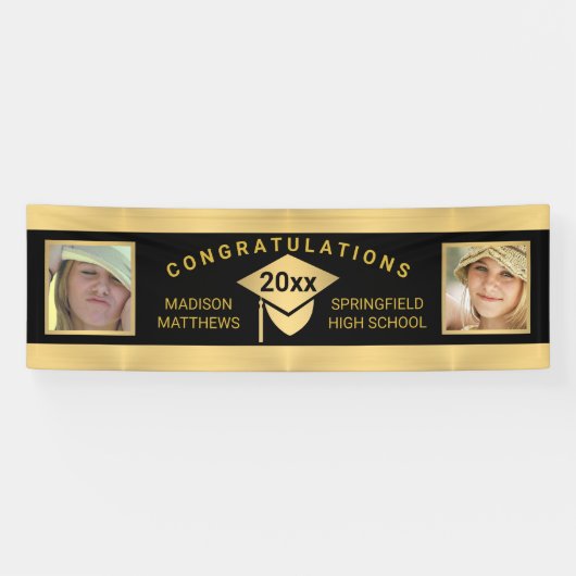 Afstuderen Chic Gold Gefeliciteerd Foto Spandoek (Horizontaal)