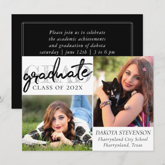 Afstuderen chic script | Eenvoudige 2 foto Keepsak Kaart (Voorkant / Achterkant)