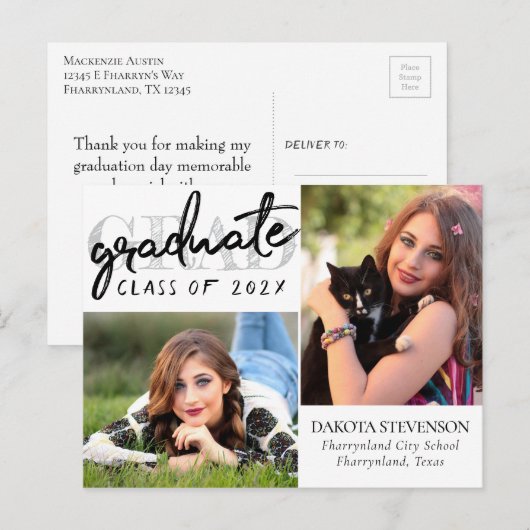 Afstuderen chic script | Simple 2 foto dank u Briefkaart (Voorkant / Achterkant)