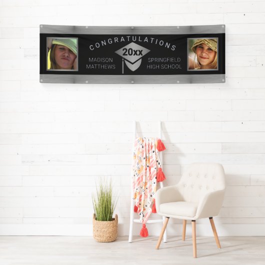Afstuderen Chic Silver Gefeliciteerd Foto Spandoek (Insitu)