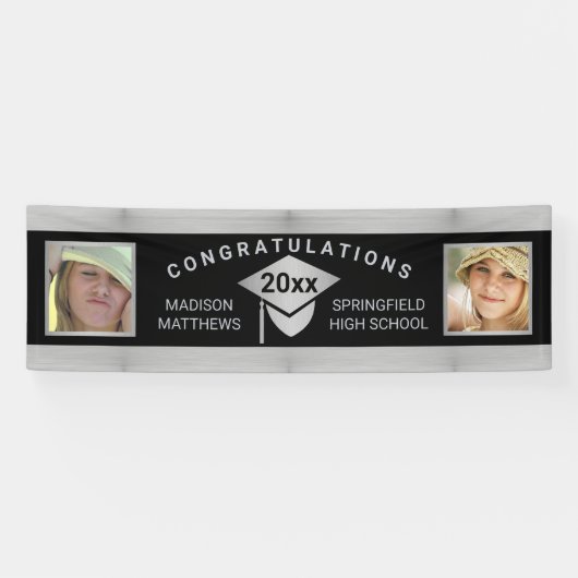 Afstuderen Chic Silver Gefeliciteerd Foto Spandoek (Horizontaal)