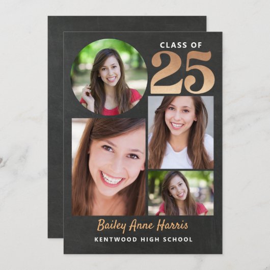 Afstuderen Circle Gold Chalk Class of 2025 Printab Kaart (Voorkant / Achterkant)