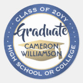 Afstuderen Class Year Brushed Blue en Gold Modern Ronde Sticker (Voorkant)