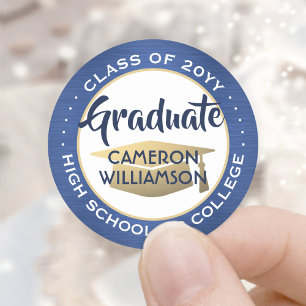 Afstuderen Class Year Brushed Blue en Gold Modern Ronde Sticker