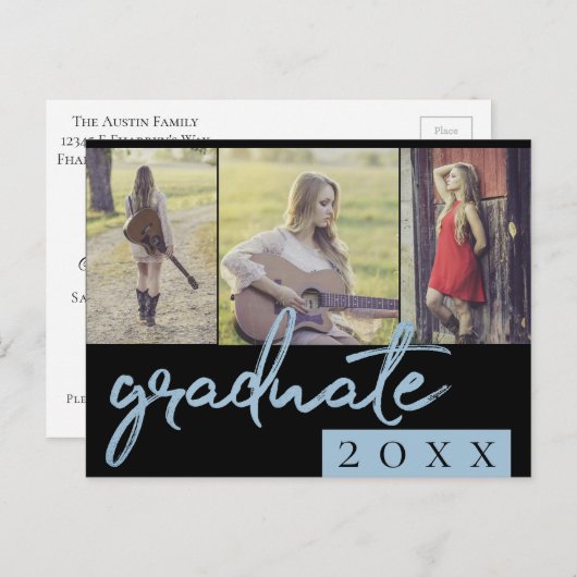 Afstuderen collage | Blauw Script 3 Foto Keepsake Uitnodiging Briefkaart (Voorkant / Achterkant)