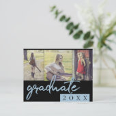 Afstuderen collage | Blauw Script 3 Foto Keepsake Uitnodiging Briefkaart (Staand voorkant)