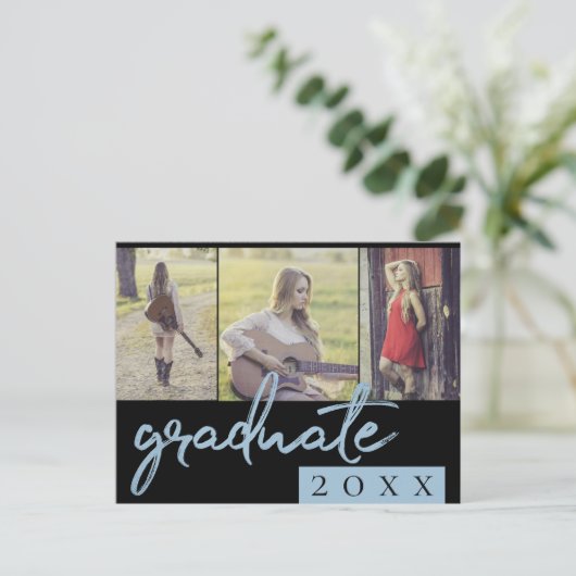 Afstuderen collage | Blauw Script 3 Foto Keepsake Uitnodiging Briefkaart (Staand voorkant)